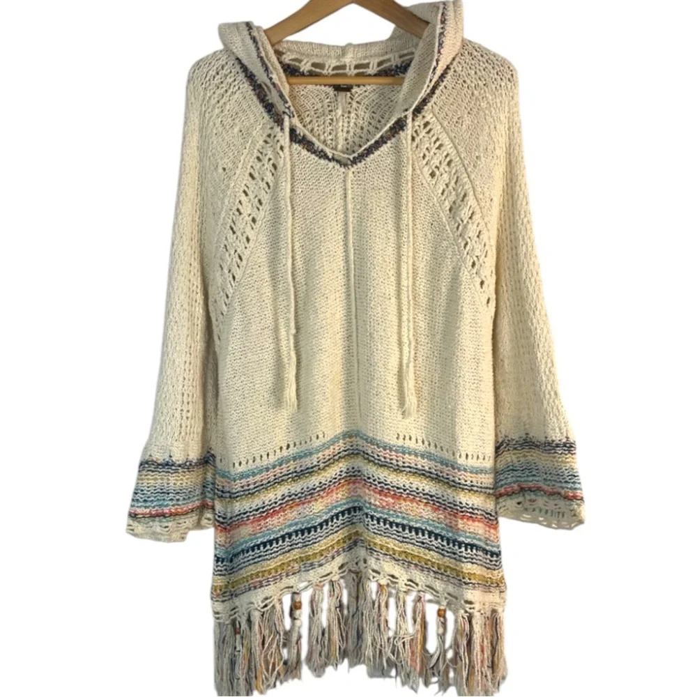 Free People Knit Crochet Hooded Pullover Tah-Loo Fringe Tunic Sweater Boho Indie - Picture 6 of 8